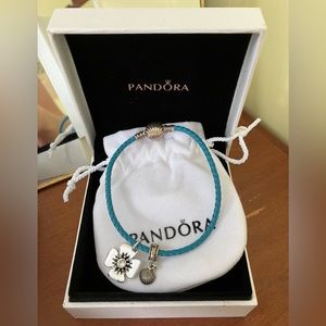 Pandora Moments Seashell Clasp Turquoise Braided Leather Bracelet with Charms